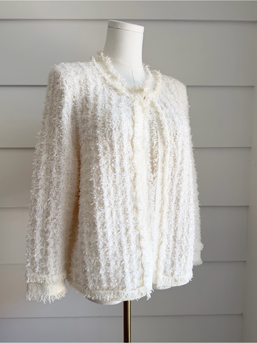 Halston Cream Shaggy Textured Ruffled Button-Up Cardigan Jacket size M